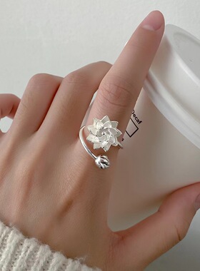 中国风纯白银莲花新款食指情人节戒指开口环个性戒指礼物玫瑰花