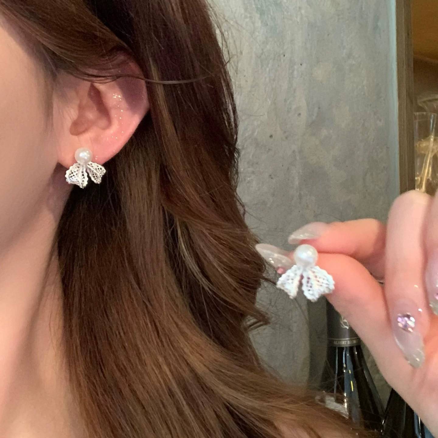 超仙公主风蕾丝蝴蝶结珍珠耳环女轻奢高级感耳钉巨好看设计感耳饰