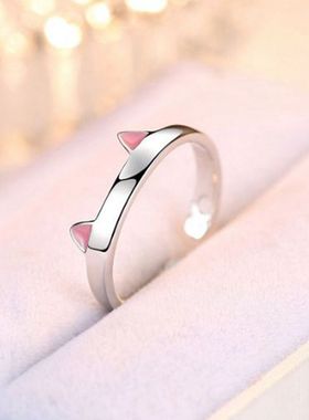 可爱猫耳朵戒指女韩版学生简约创意小众潮食指开口猫咪情侣戒指