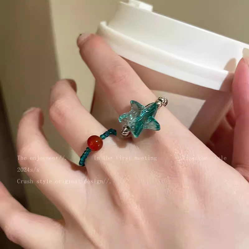薄荷绿海星串珠戒指女夏时尚个性闺蜜食指戒小众设计气质百搭指环