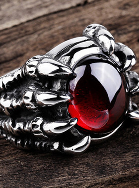 欧美时尚霸气朋克红宝石戒指男士个性复古中国龙爪指环潮流设计感