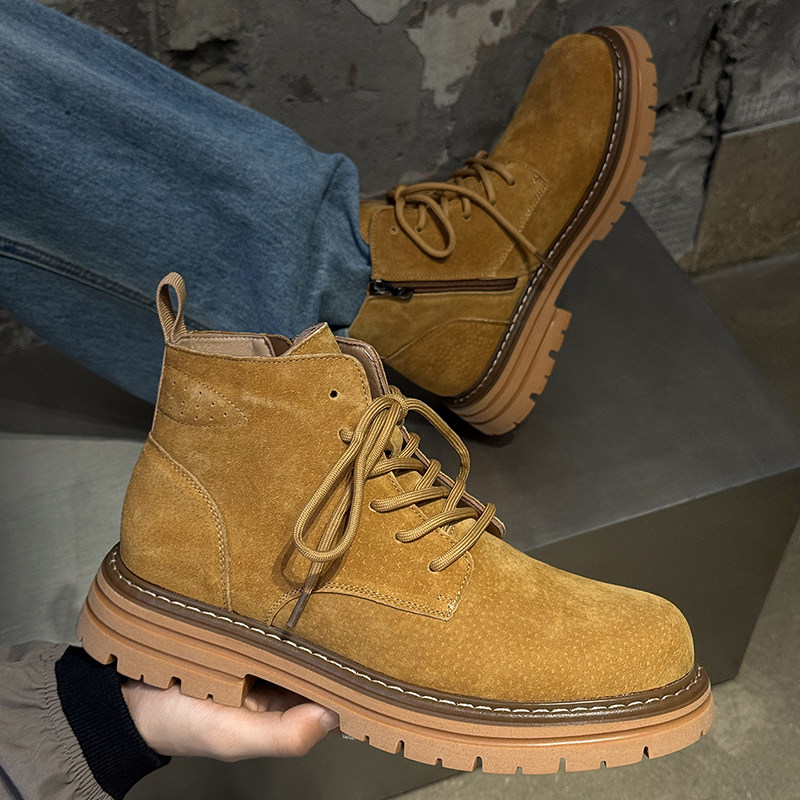 潮牌马丁靴男款秋冬季真皮高帮侧拉链黄色工装鞋内增高厚底大黄靴