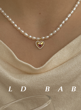 Old babe天然珍珠爱心宝石项链ins小众设计复古锁骨颈链百搭轻奢