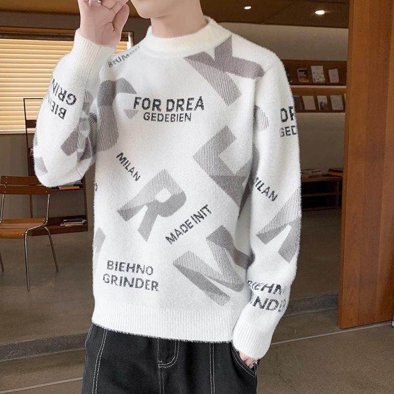 水貂绒毛衣男秋冬季潮牌软糯字母提花针织打底衫加厚保暖内搭线衣