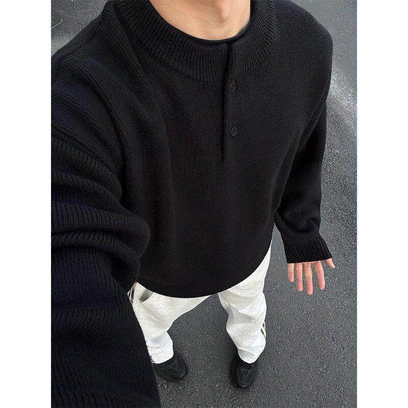 黑色亨利领毛衣男款春秋成熟稳重POLO针织打底衫慵懒风内搭毛线衣
