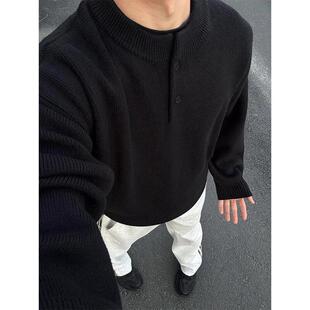 黑色亨利领毛衣男款春秋成熟稳重POLO针织打底衫慵懒风内搭毛线衣