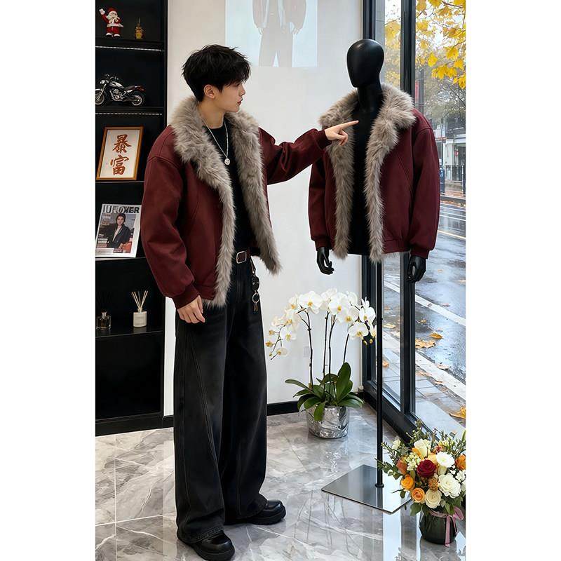 酒红色毛领座山雕外套男冬季短款高级感痞帅加厚仿麂皮水貂绒棉服