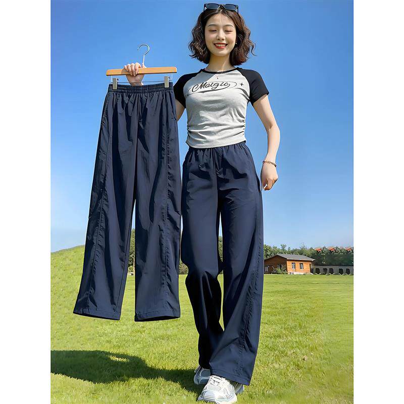 藏青色速干工装裤子男女款夏季高腰显瘦阔腿裤户外运动休闲直筒裤