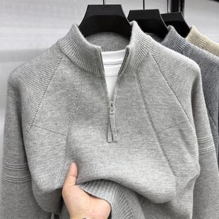 秋冬季男士半高拉链针织毛衣青年复古提花针织衫纯色百搭休闲毛衣