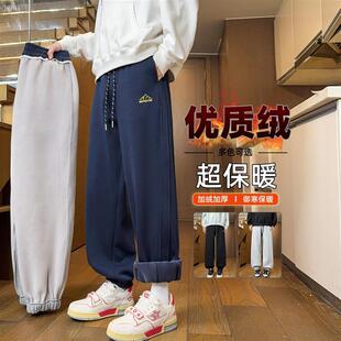 秋冬季新款加绒加厚束脚长裤子男孩初中学生休闲运动青少年男装士