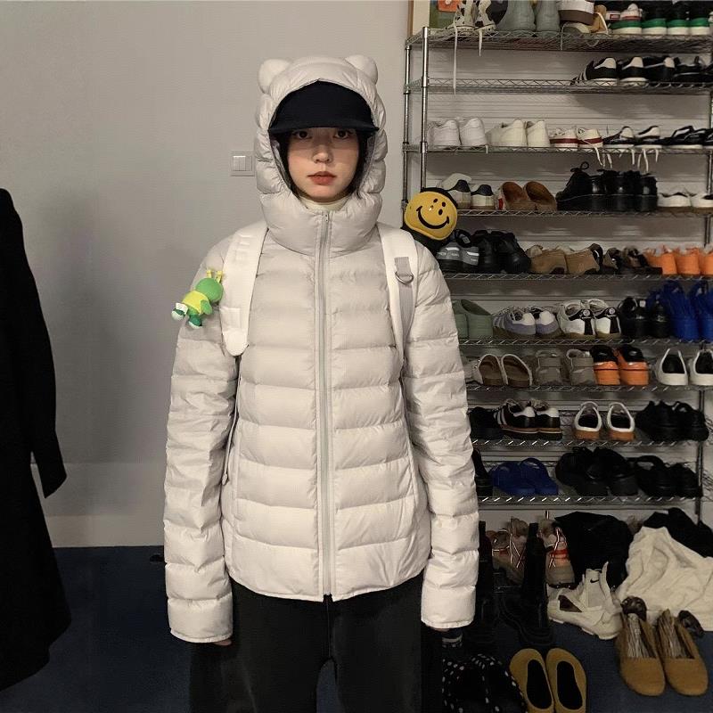 可爱小熊耳朵连帽排骨羽绒棉服女2025冬季新棉衣轻薄棉袄加厚外套