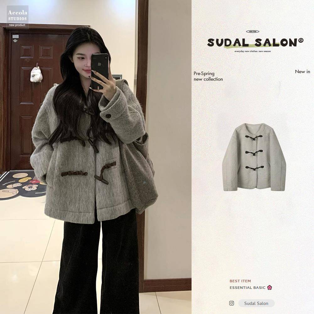 灰色牛角扣大衣女2025新款冬季高级感超好看气质百搭短款外套上衣