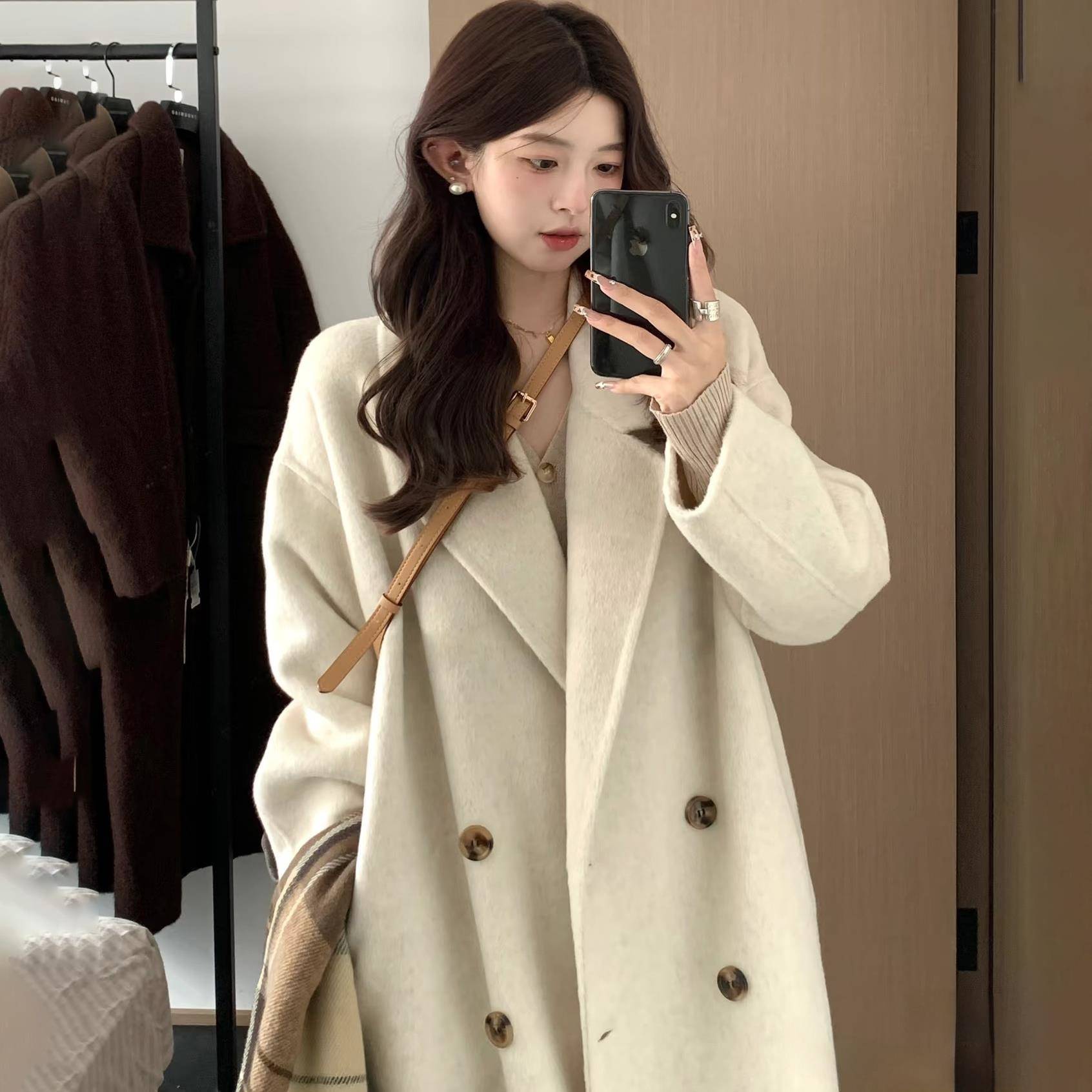 燕麦色双面羊绒大衣女2025秋冬新款韩版中长款气质宽松羊毛呢外套