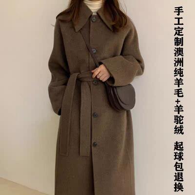 双面羊绒大衣女2025秋冬可可色娃娃领小个子中长款韩版过膝外套女