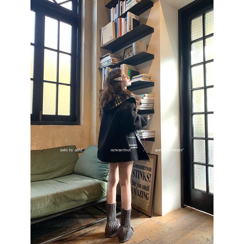 大于诗集 富士山下 格子毛呢外套女慵懒宽松中长款羊羔毛大衣冬季