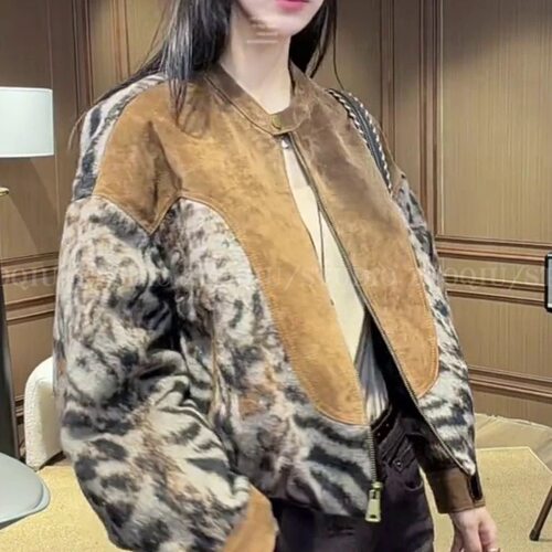 2026欧货秋季新款女短款立领毛呢豹纹拼皮反绒外套夹棉夹克上衣