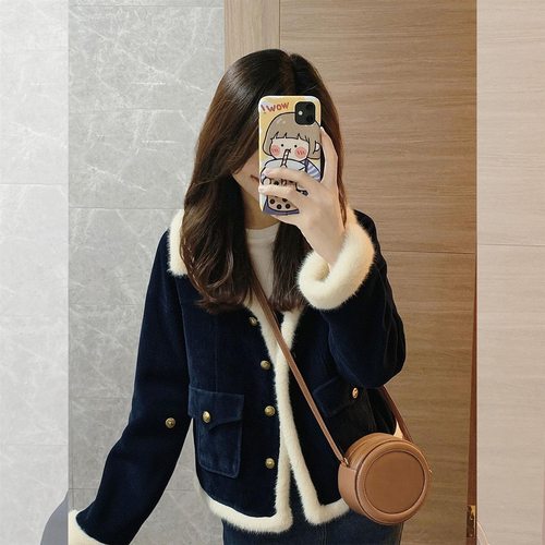 2025新款爆款巨好看的初冬藏蓝色小香风夹棉加厚羊羔绒外套女冬季