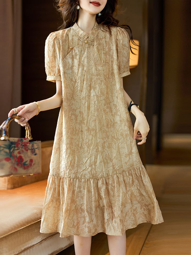 新中式印花压皱连衣裙女夏季2024年新款短袖卡其裙子气质大码女装