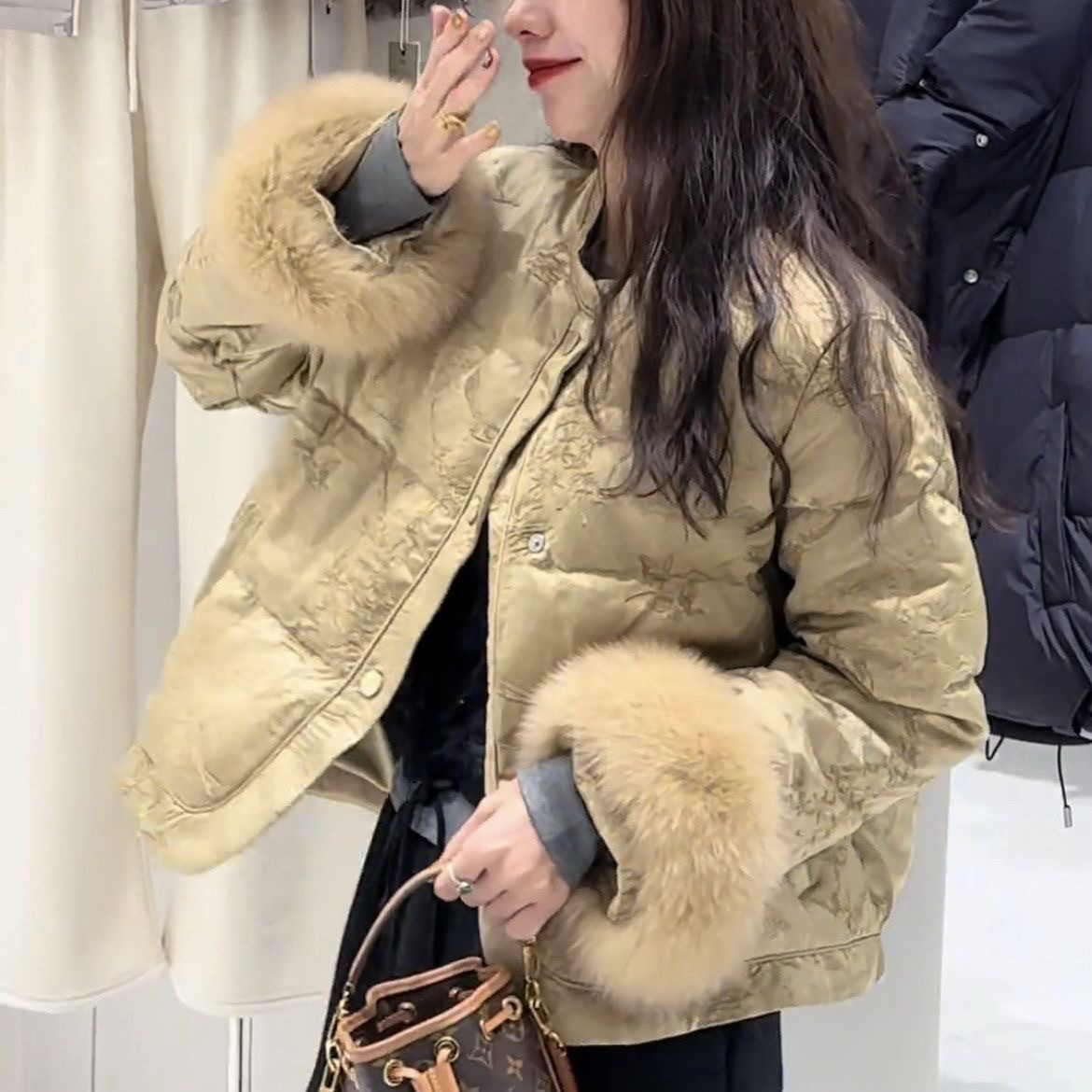 新中式提花棉服女2025冬季新袖口拼接毛毛复古国风高端夹棉外套女