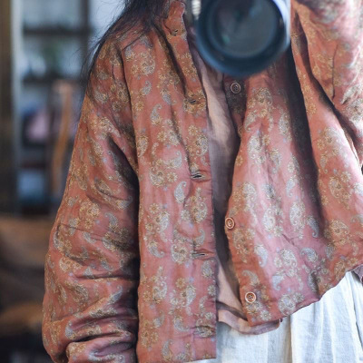 古与色原创自制印花苎麻夹棉短外套4115宽松休闲文艺复古女式棉衣