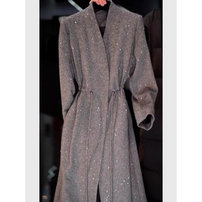 欧货灰色亮片收腰开衫外套简单大方高级感中长款上衣女遮屁股洋气