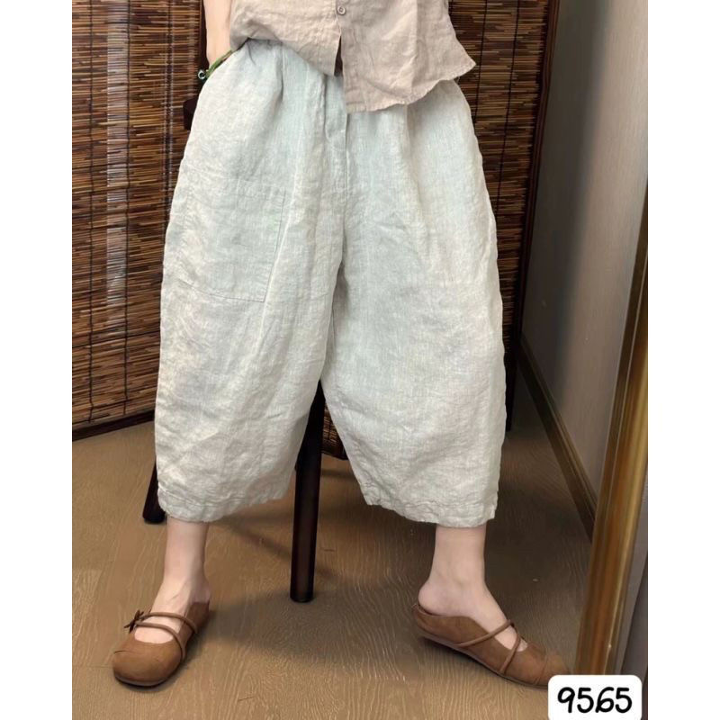 欧货亚麻休闲裤女夏新款韩版大码宽松显瘦九分裤百搭松紧腰哈伦裤