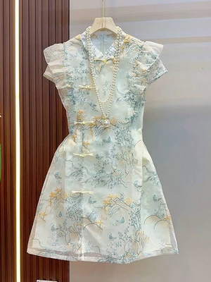 欧洲站气质国风轻奢刺绣连衣裙新中式小个子女装2025新款旗袍裙潮