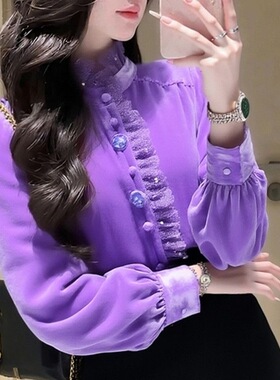 2025冬季加绒新款独特设计感小众淡人高知穿搭紫色荷叶边立领上衣