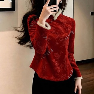新中式丝绒上衣女秋冬保暖内搭轻奢高端独特巨好看红色加绒衬衫厚