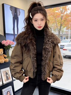 欧货宽松大码工装棉服女冬新款大毛领复古时尚百搭胖M潮款派克服