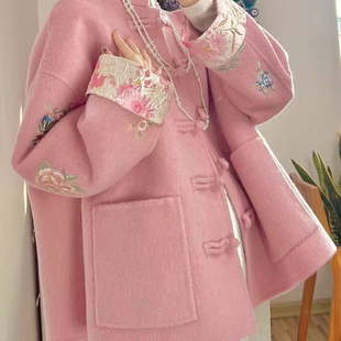 新中式轻国风秋季中长款毛呢外套国风唐装白色双面羊毛大衣新年服