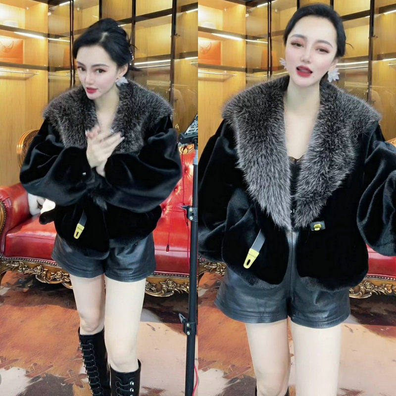 网红皮草皮毛一体棉服2025秋季时尚ins水貂绒外套名媛带毛领皮草