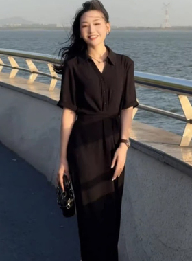 欧货0702高冷御姐风夏季新款连衣裙女高级感独特黑色收腰显瘦长裙