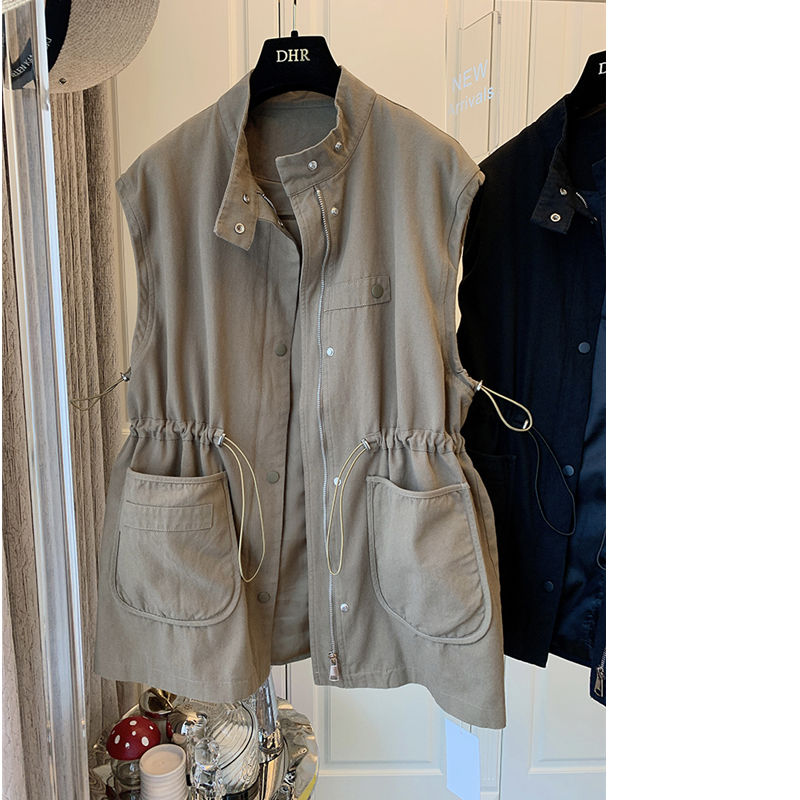 设计感小众韩版休闲宽松拼接口袋中长款工装马夹马甲外套2025秋季