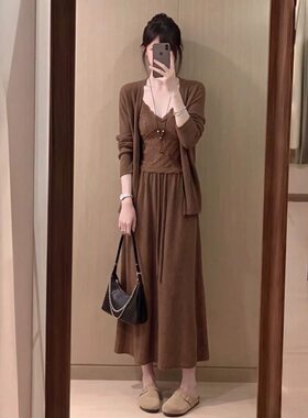 韩版慵懒显瘦甜美开衫蕾丝吊带系带半身长裙女2026秋季新款三件套