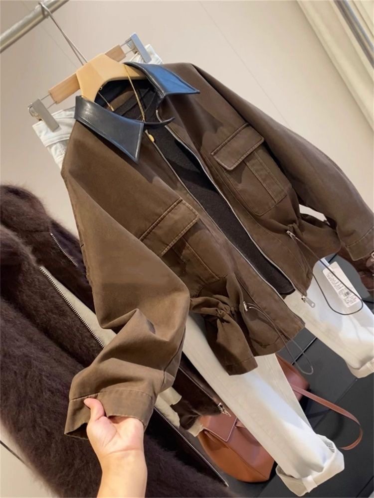 法式复古撞色通勤时尚拉链设计POLO领长袖外套女2025秋季新款上衣,女装/女士精品,短外套,淘宝优惠券,粉丝福利购,淘宝优惠卷