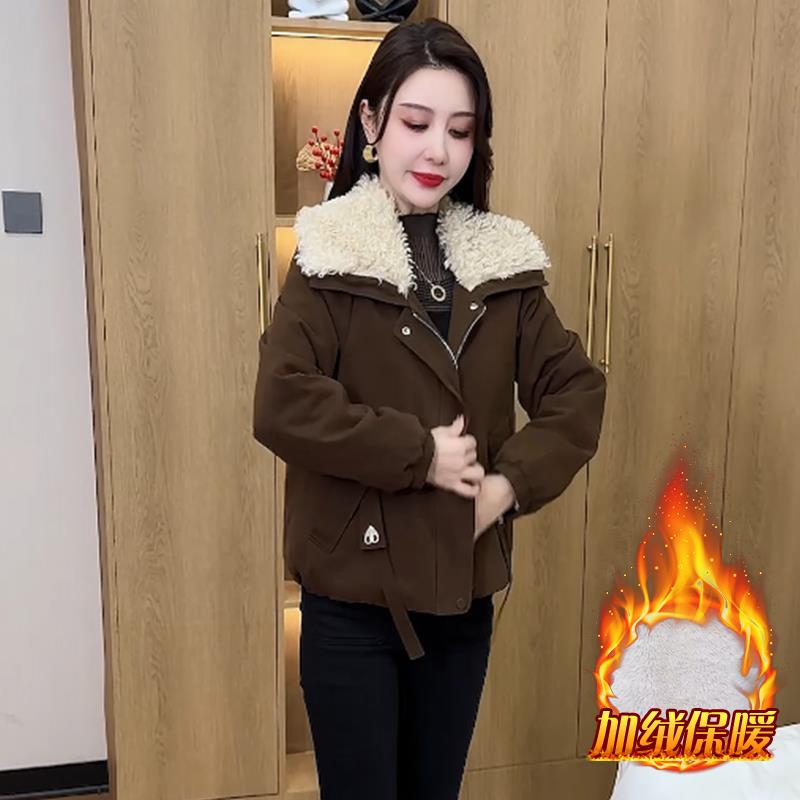 MONLOUVE美式复古毛领长袖短外套女2025冬季新款遮肉显瘦加绒加厚