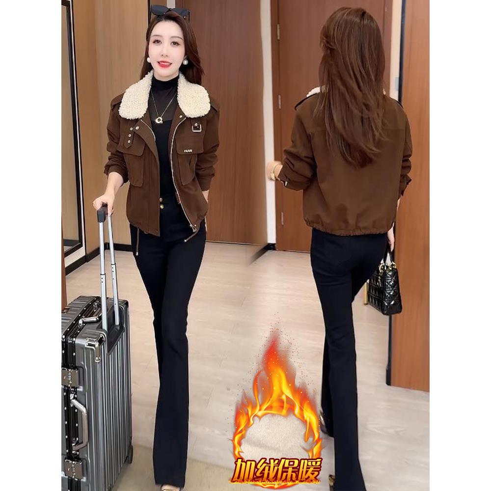 MONLOUVE时尚加绒保暖毛领外套女2025冬季新款韩版通勤加厚服