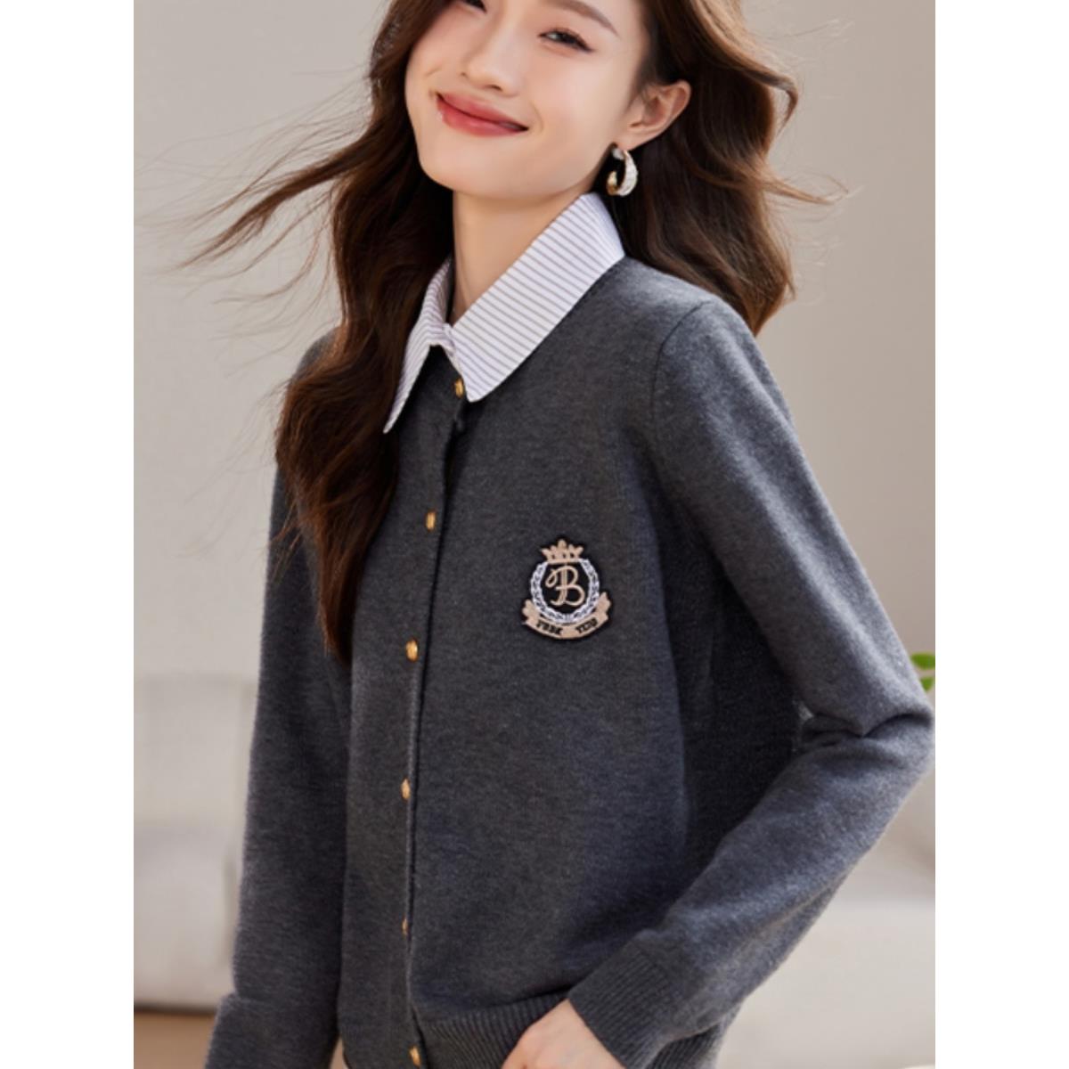 MONLOUVE假两件上衣女时尚洋气春秋款针织开衫早秋韩系穿搭衬衫领