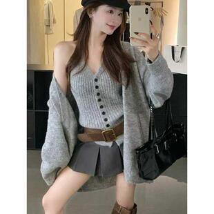 MONLOUVE韩系慵懒针织开衫外套挂脖吊带背心两件套秋冬高级感软糯
