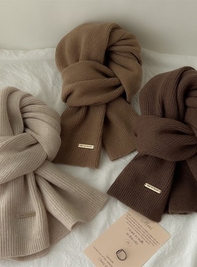 围巾女冬季2025新款毛线针织纯色小围巾潮韩系加厚保暖长围脖灰色