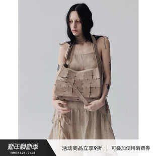 VINZOO 中号灰粉色羊麂皮原创小众拼接单肩斜跨包