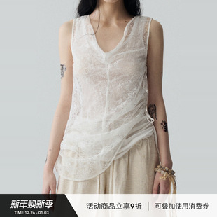 VINZOO 原创棉线剌绣蕾丝荡领不对称抽绳背心两件套