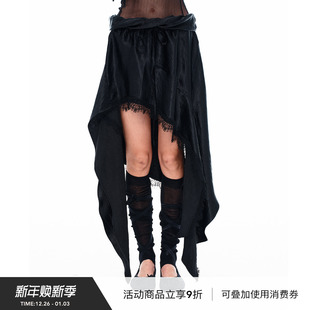 VINZOO 原创黑色不规则短裙女流浪感浪漫蕾丝拼接半身裙新款