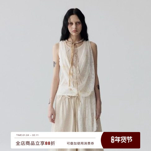 VINZOO-无袖背心茶染蕾丝荡领不规则流浪感短袖上衣,女装/女士精品,背心吊带,淘宝优惠券,粉丝福利购,淘宝优惠卷