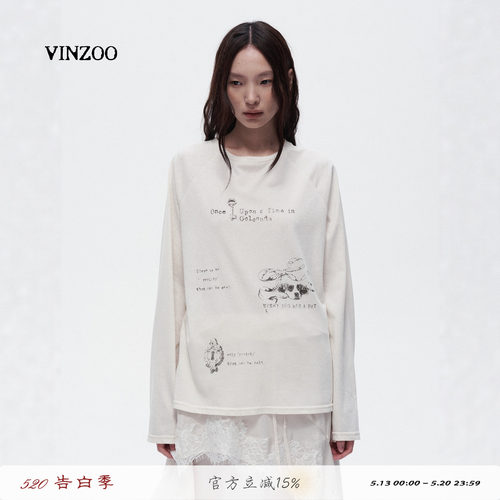 VINZOO复古做旧印花插肩袖T恤