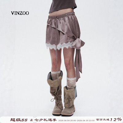 VINZOO烟雾灰紫蕾丝绑结短裙