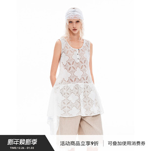 VINZOO 层次感不规则下摆复古镂空蕾丝亨利领背心裙上衣女初秋