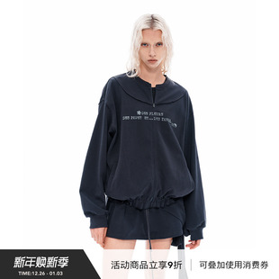 新 卫衣女秋季 VINZOO 深灰色休闲复古印花拉链宽松圆领套头开衫