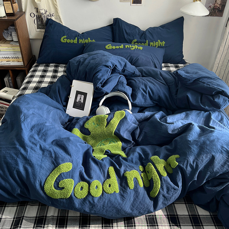 ins纯色可爱小熊毛巾绣水洗棉床上四件套被套床单学生宿舍三件套4